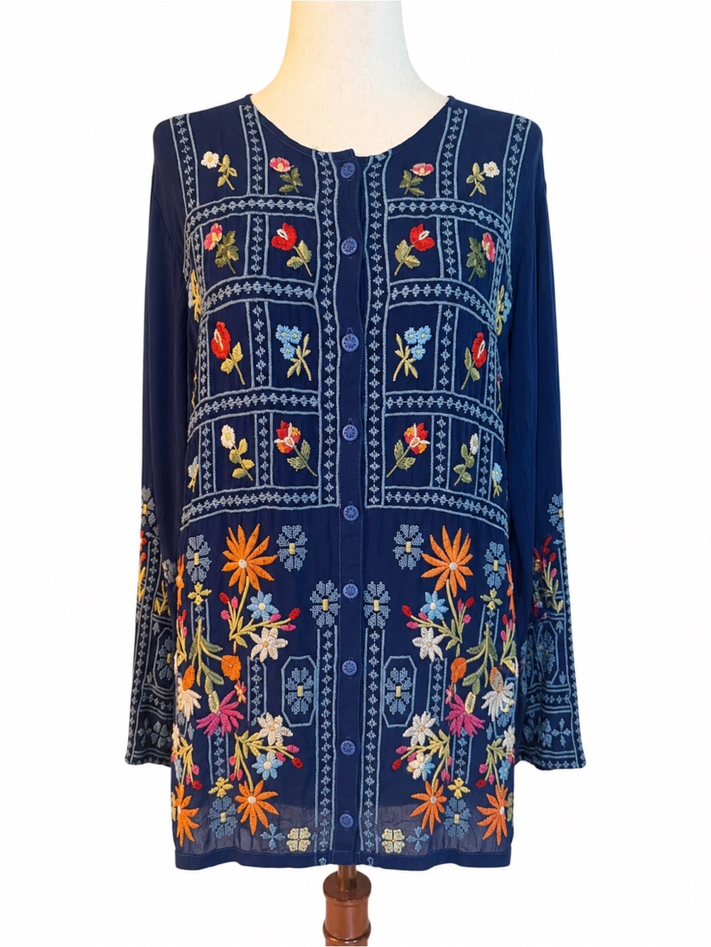 Johnny Was Wyatt Embroidered Cupra Rayon Boho Blouse Blue Floral